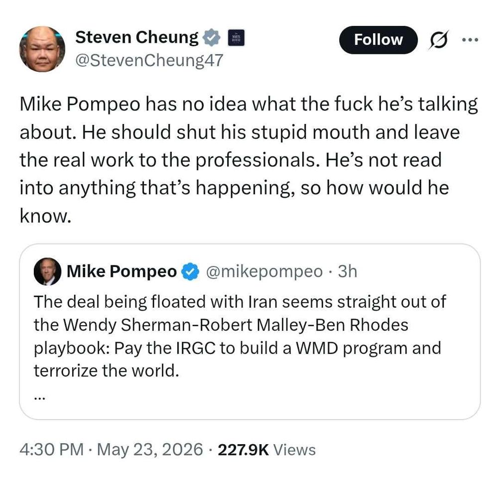华裔白宫通讯主任张振熙怒喷前国务卿蓬佩奥，甚至爆了粗口。俩人这次呛起来的由头