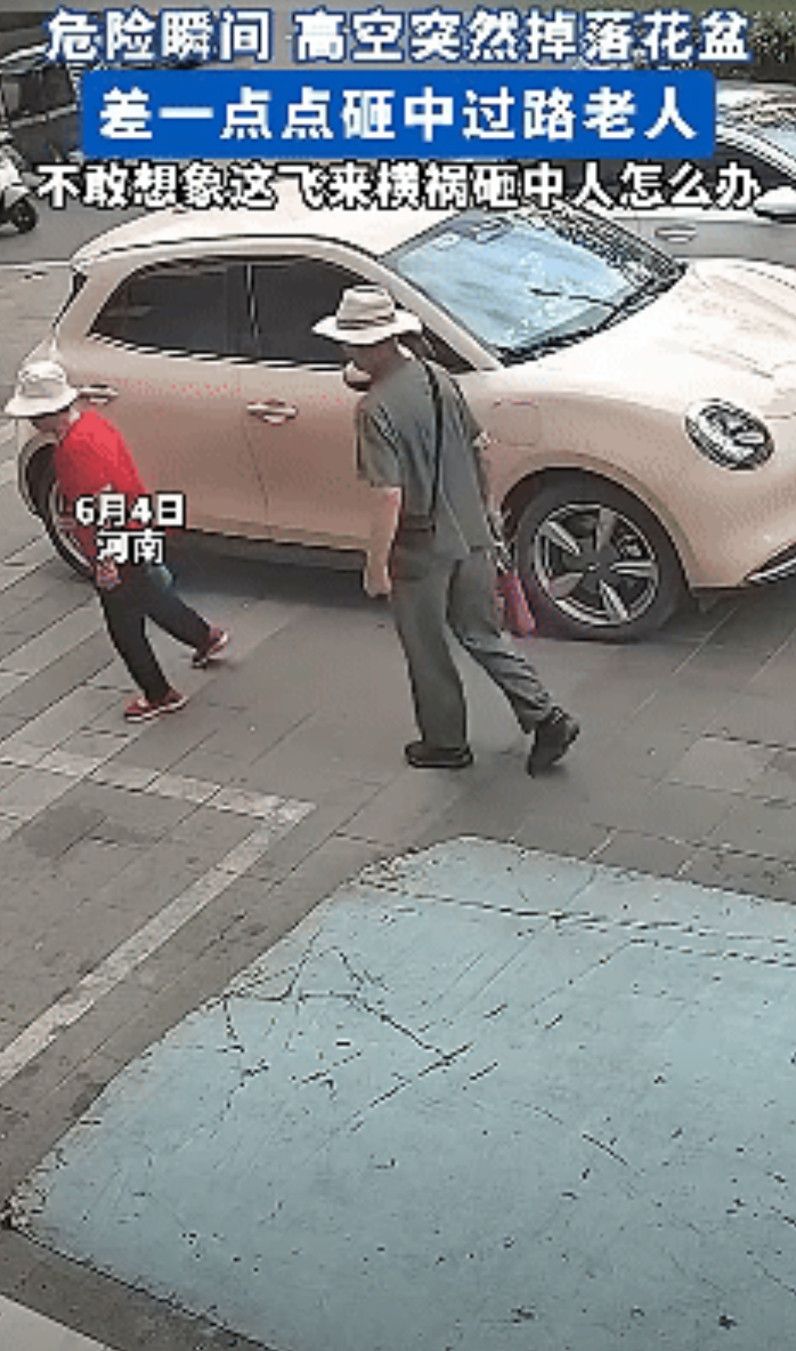 “严查到底！”6月4日，河南，一位大爷正在路边散步，谁知从天而降一个花盆，掉在了
