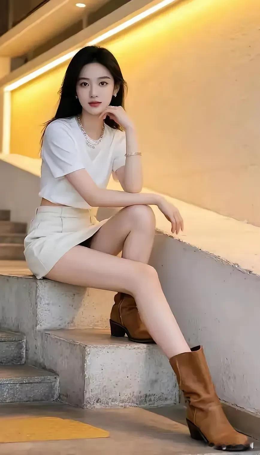 奶白穿搭浸在暖光里，棕靴轻搭石阶的松弛，指尖落处，是漫不经心的甜意。粉色调