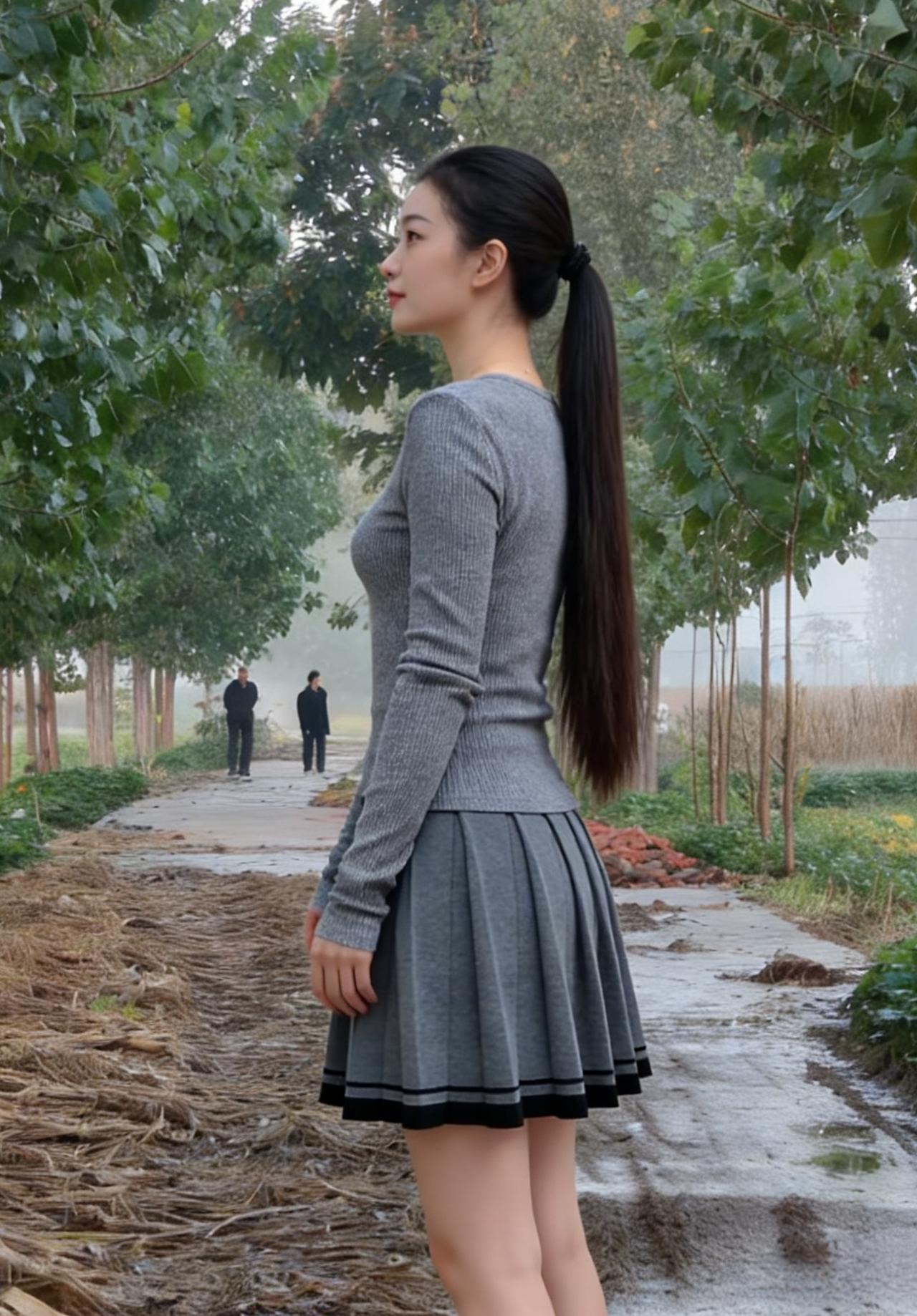 白杨列队，把天空裁成碎蓝你站在路的中央像一枚刚从风里捡来的音符～马尾垂