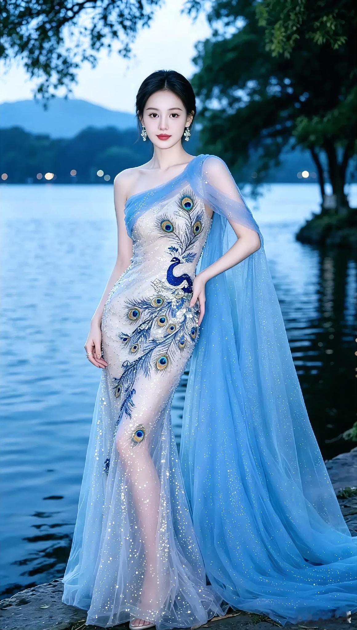 这身孔雀裙好惊艳，太美了！孔雀蓝国风裙孔雀蓝晚礼服孔雀蓝裙开屏秀孔