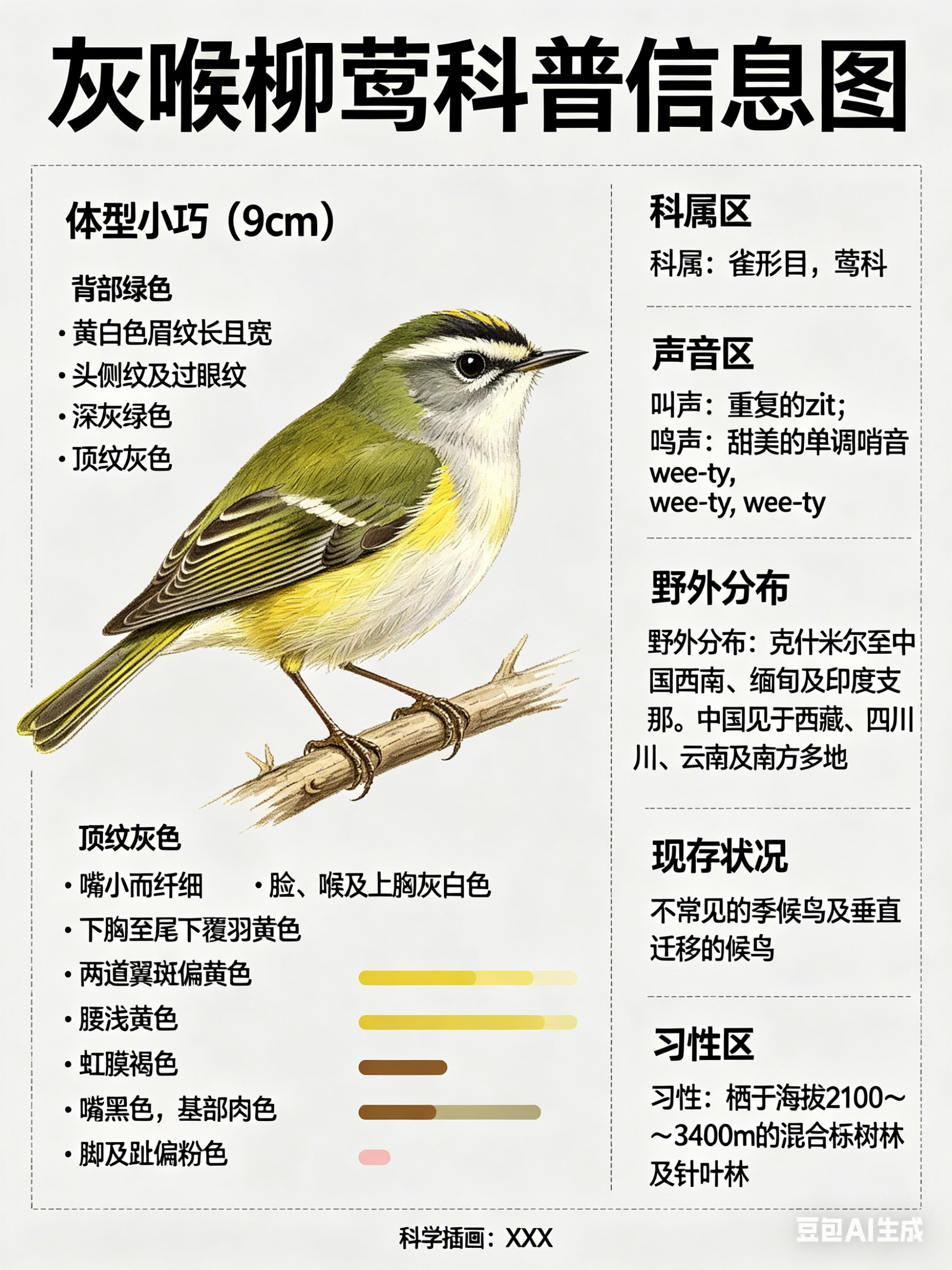 鸟类朋友图鉴灰喉柳莺·科属：雀形目，莺科。·外形特征：体型小巧（9cm）且背部