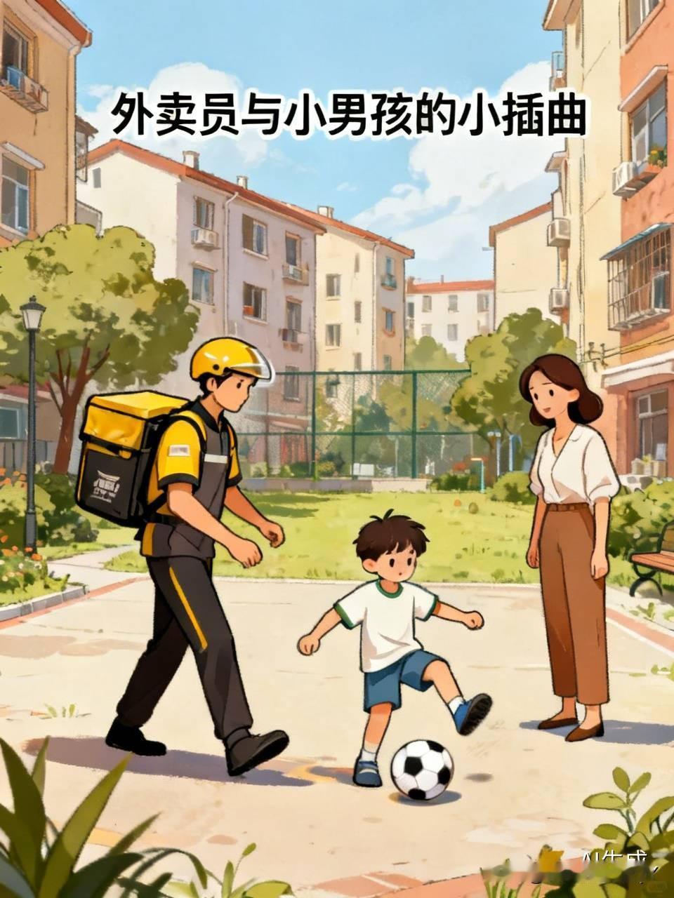 有个外卖小哥去小区送餐，刚好撞见个七岁左右的小男孩在那儿踢球，一脚没留神重重踢到