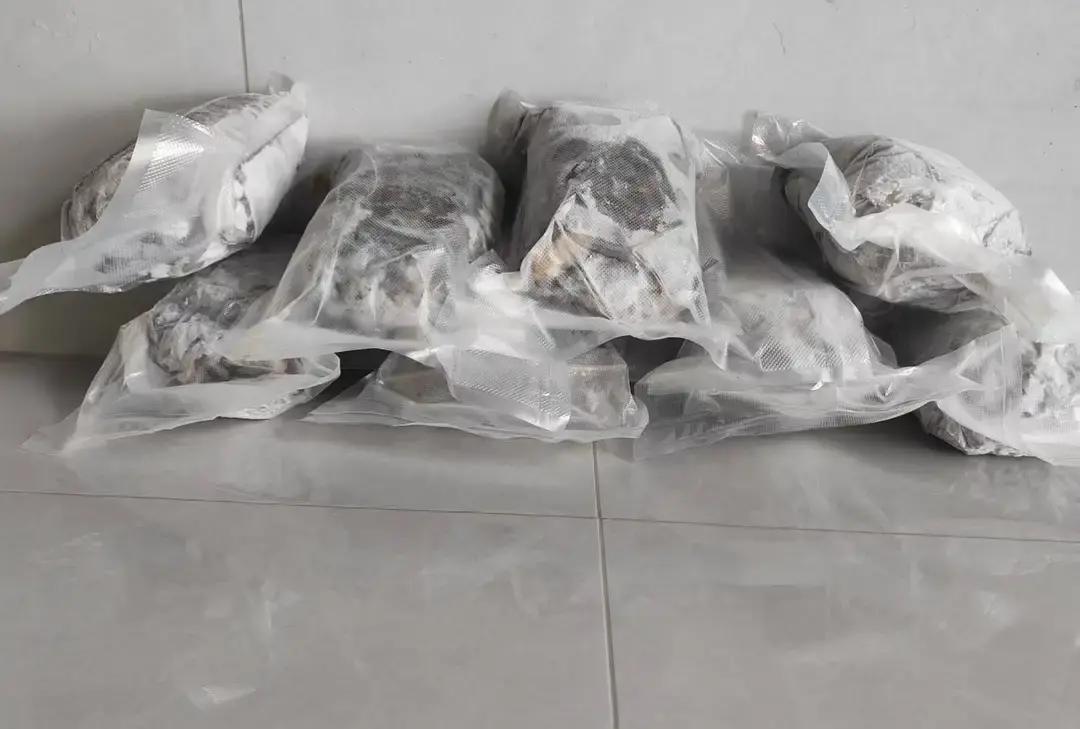 老孙把90斤年货全真空打包寄婆婆家。榛蘑核桃仁卤猪蹄茧蛹塞满12袋，邮费13