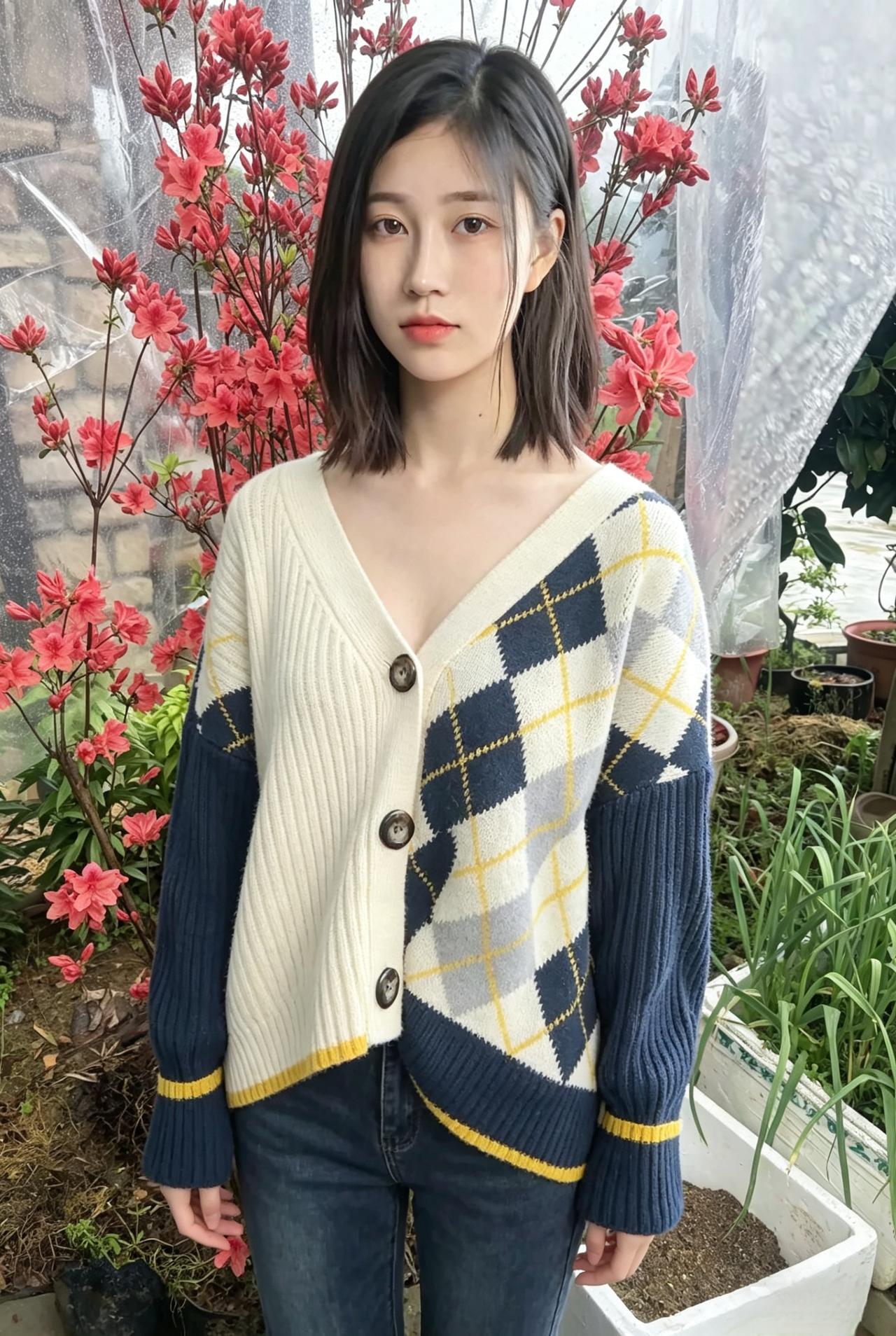 针织衫的纹理裹着温柔红花开成身后的热烈短发利落，眉眼清澈是花间独有的清雅