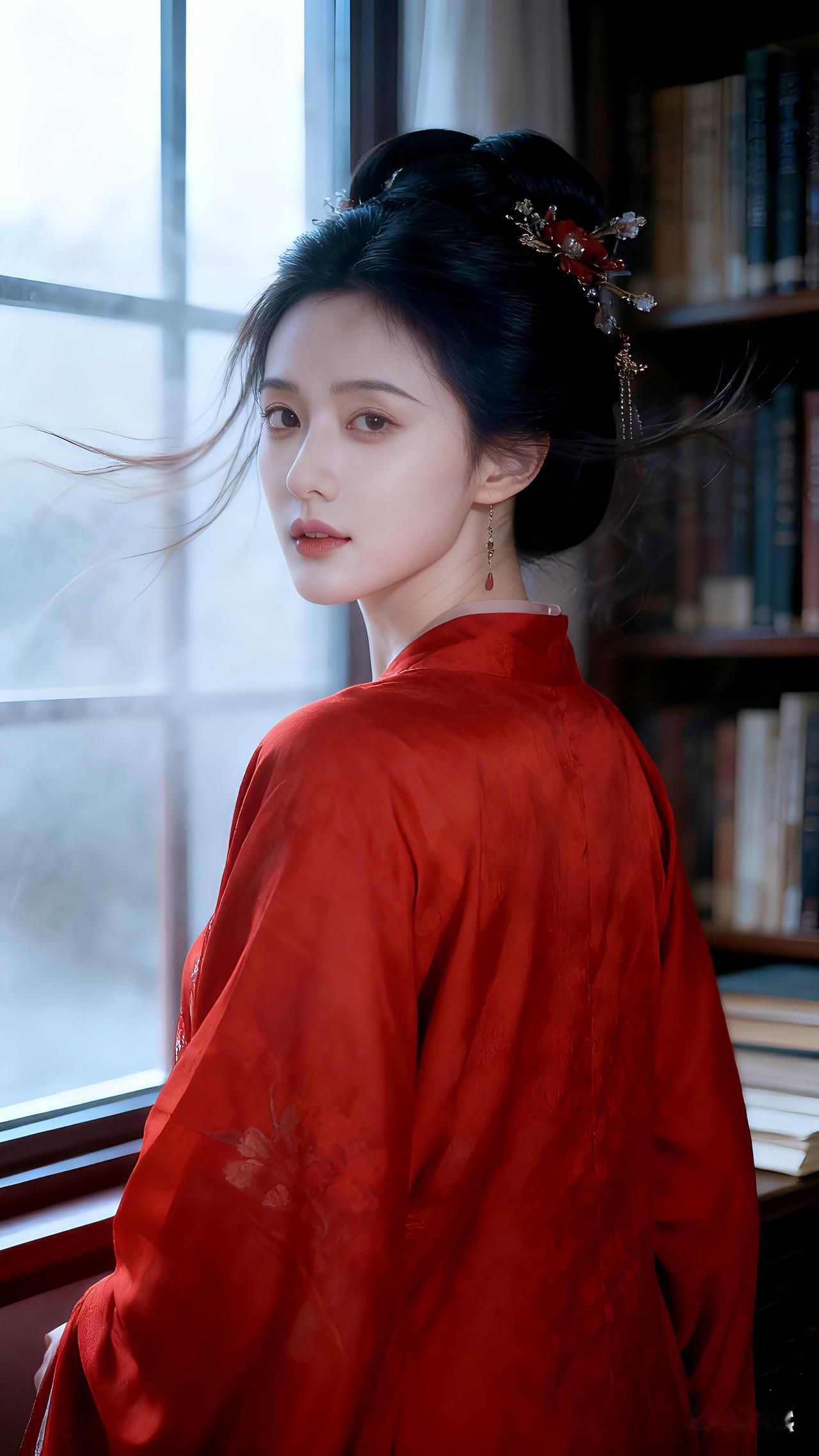 红裳倚窗书香漫，淡雅风姿入画来。