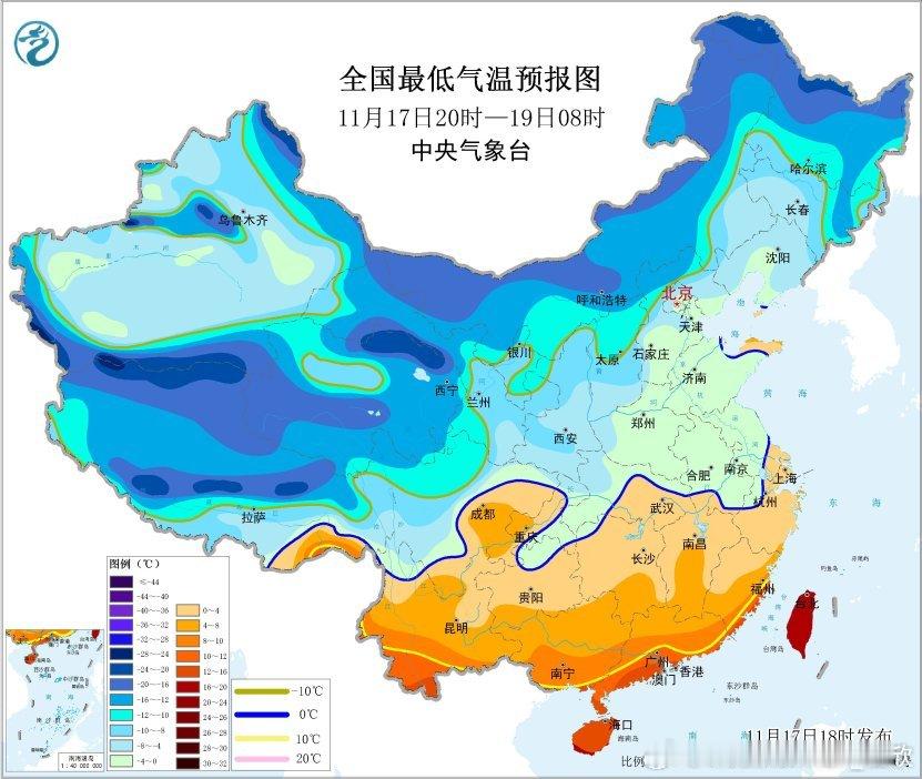 未来2天早晨，我国将出现气温创新低的浪潮，18日晨和19日晨，预计有25个和16