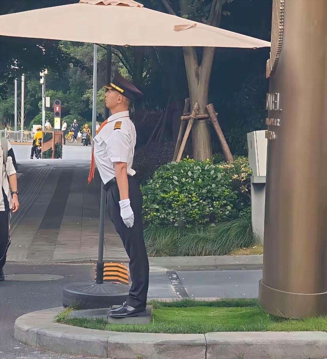 这站姿厉害了，没想到开发商的保安队伍里还有这人才，这动作正规的军人都不容易做出来