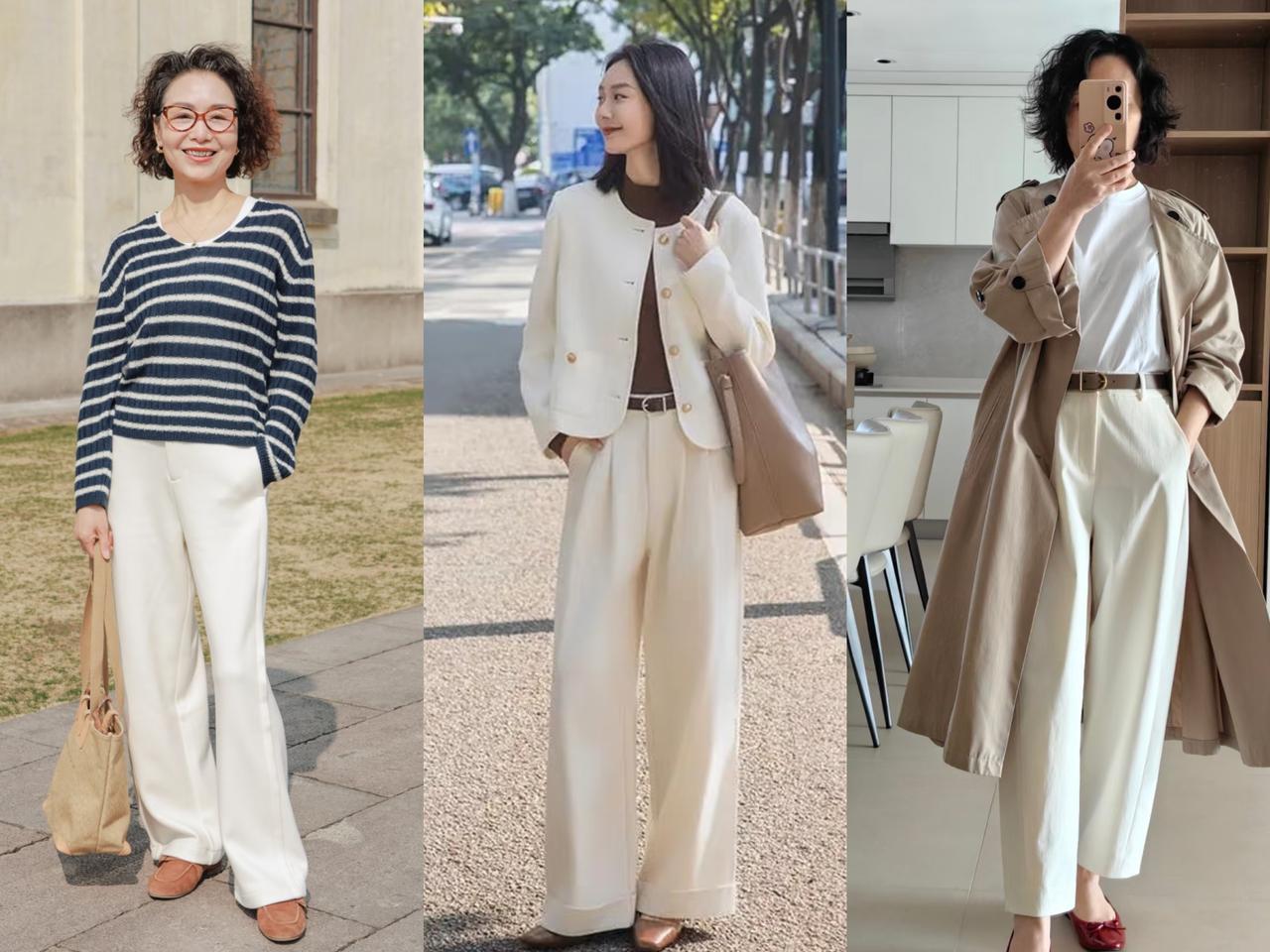 四五十岁女性春天穿白裤子，选对版型+材质+长度，好看又显瘦春天，特别适合穿白