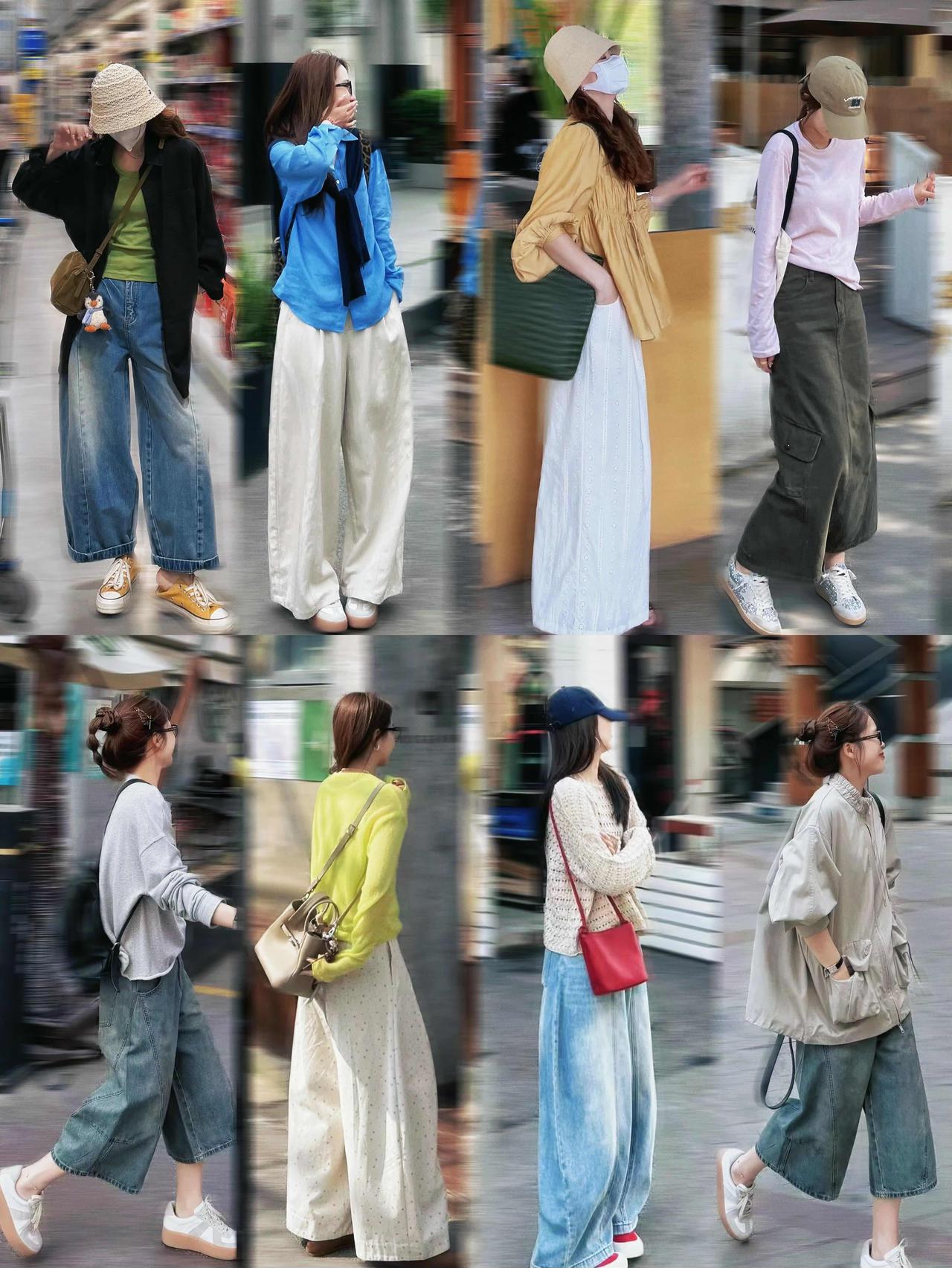 又是一组超实用的假期出游穿搭灵感！宽松牛仔裤、棉麻阔腿裤搭配彩色上衣，清爽透气