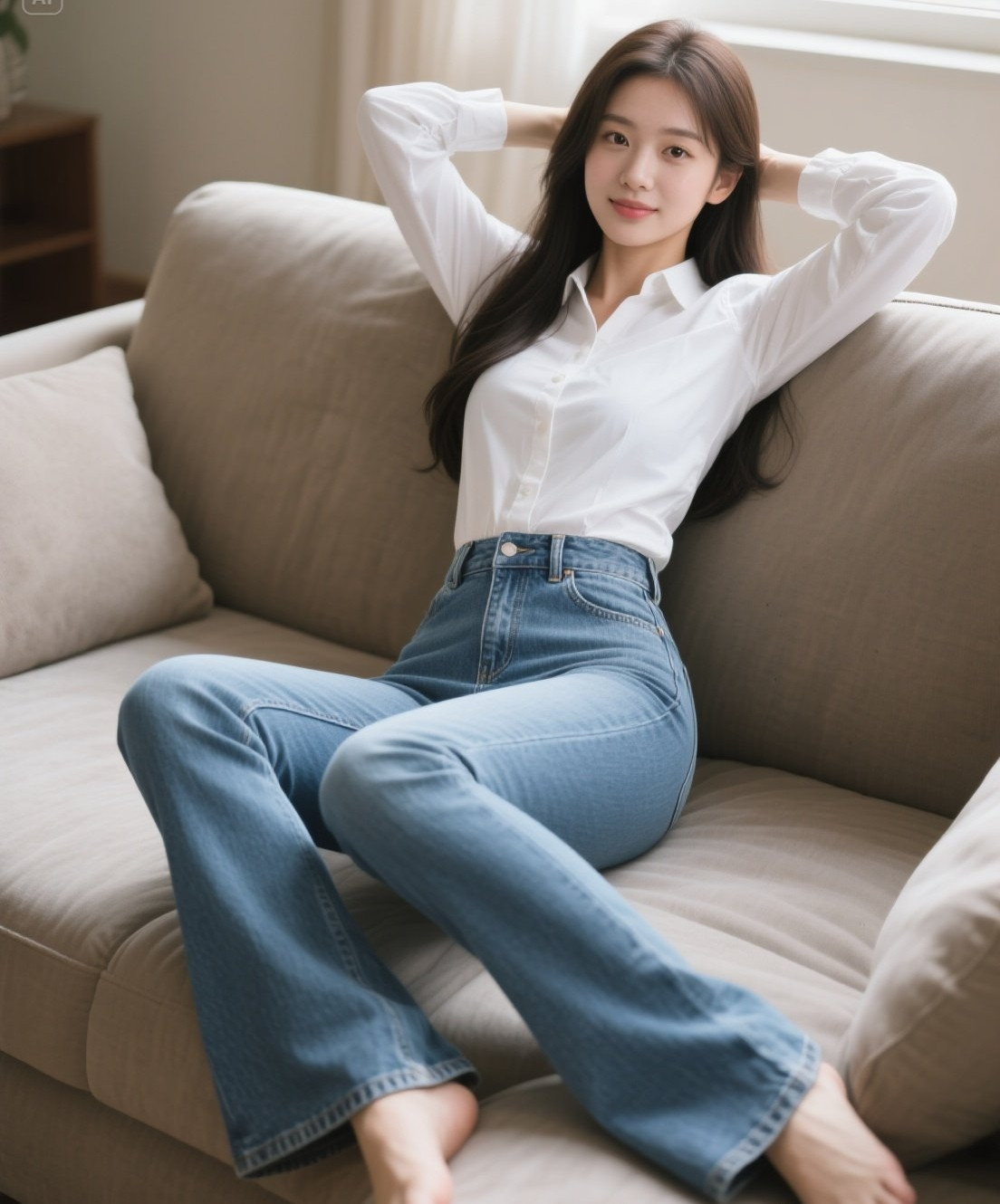 清纯美少女牛仔裤秀沙发上的甜美风情