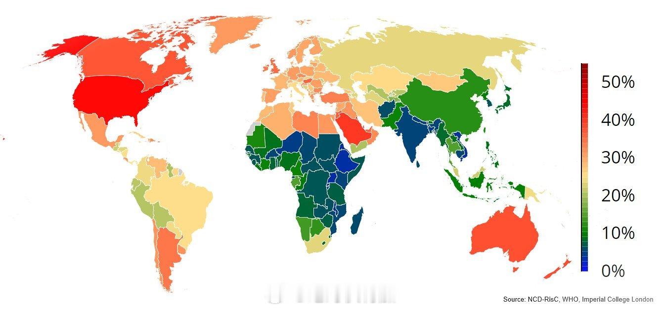 全球各国家/地区肥胖率2025年预测。而根据2024年数据，排名靠前的糖尿病发病