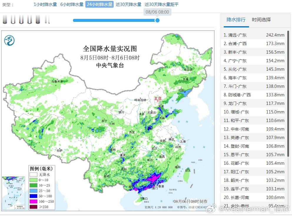 【强降雨】昨天到今晨，强降雨依然是南北两条，北方强降雨东移南下，河北东南部、河南
