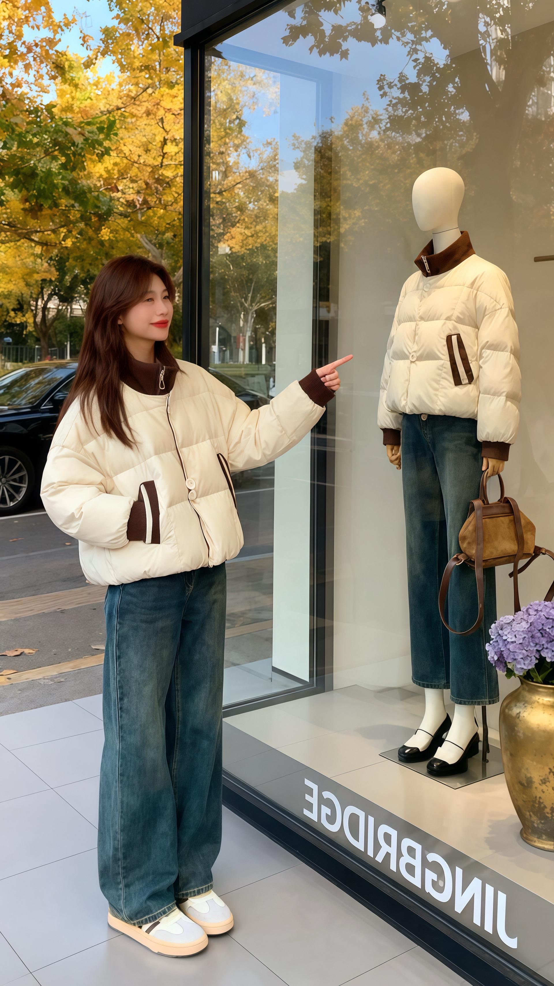 《穿一件羽绒服，在深秋活出两种风格人生》林晚在JINGBRIDGE橱窗...
