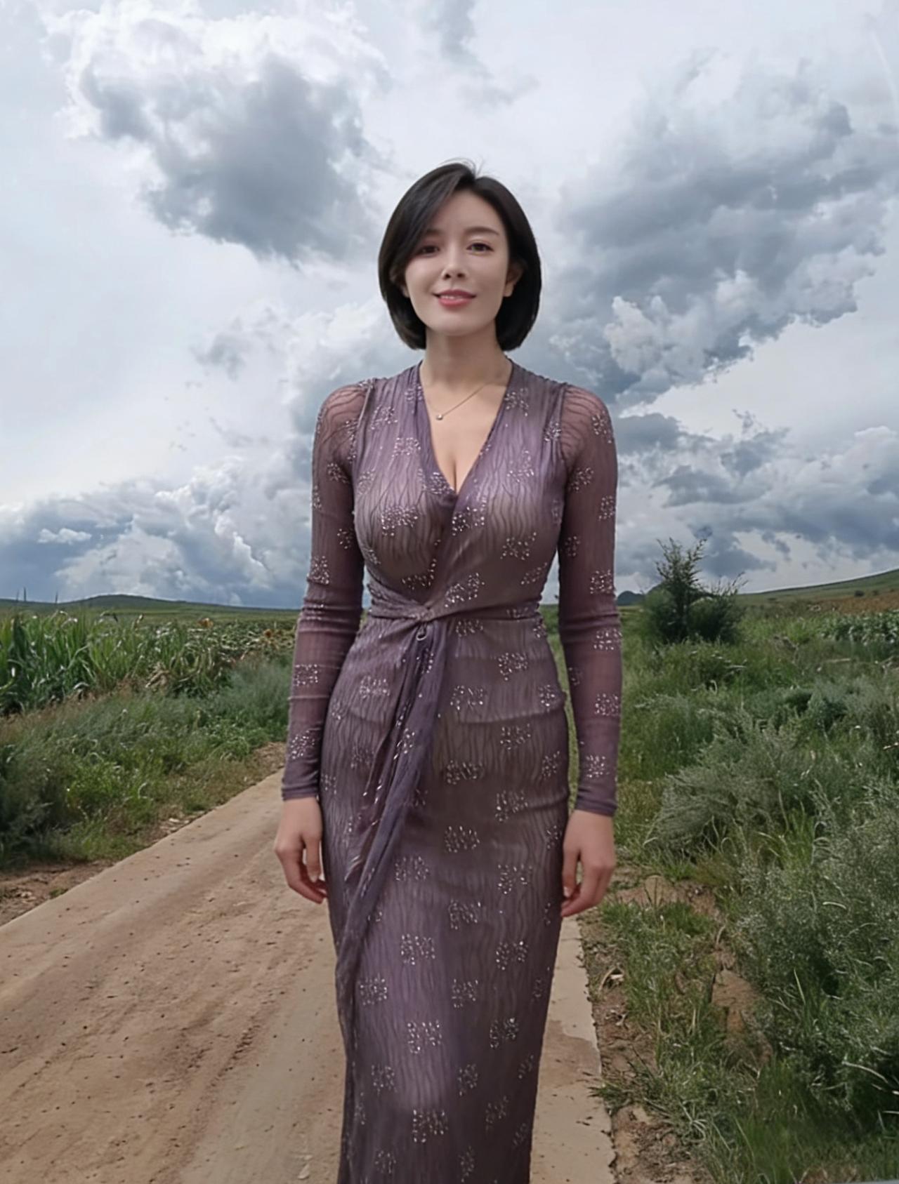 乌云堆成厚厚的锦缎，压在旷野的头顶土路蜿蜒，像被风揉皱的黄丝带她踩着紫烟走来