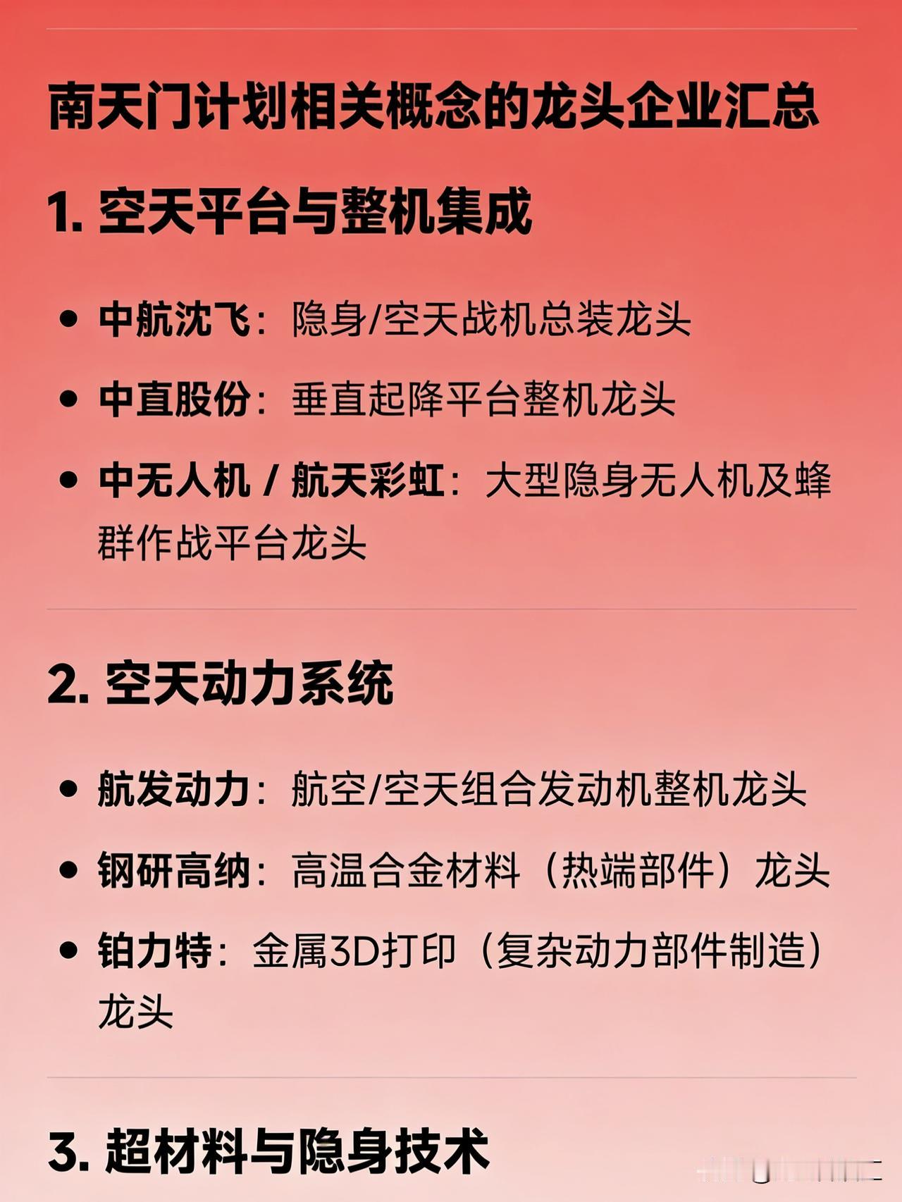 南天门计划相关概念的龙头企业汇总1.空天平台与整机集成中航沈飞：隐身/