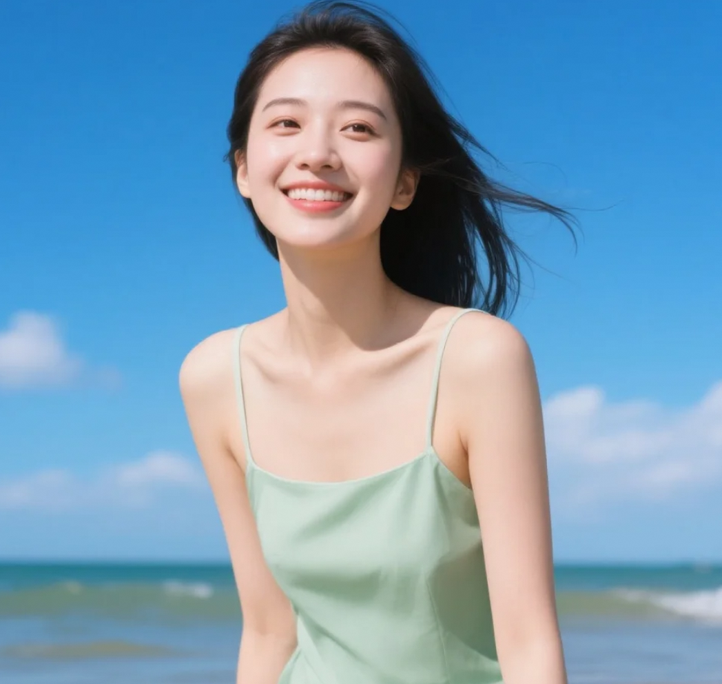 看我穿着这条连衣裙在海边漫步，是不是像一幅画？