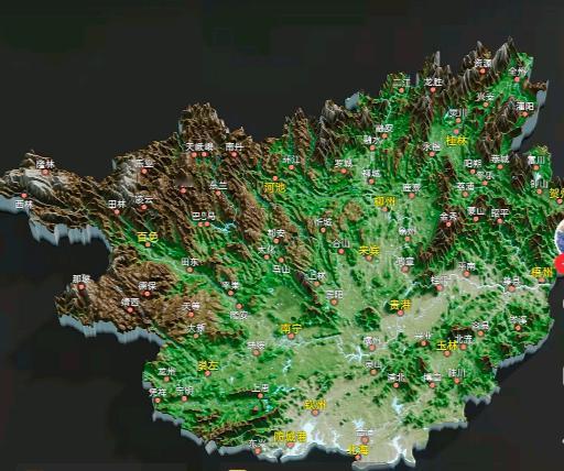 这是中国广西的地形图，山清水秀。