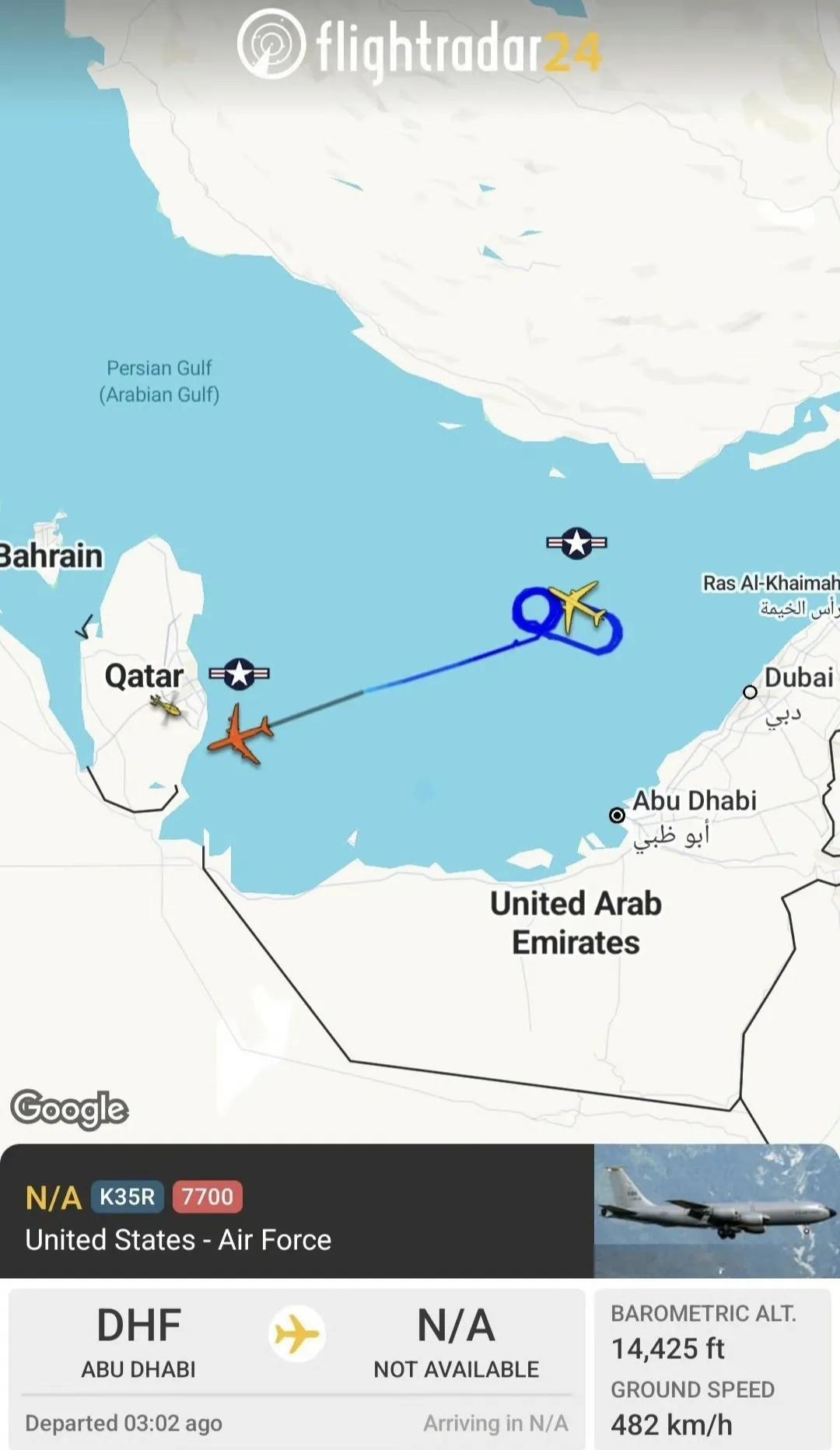 美军的一架KC-135R加油机在波斯湾上空挂起7700紧急代码，随后在卡塔尔附近