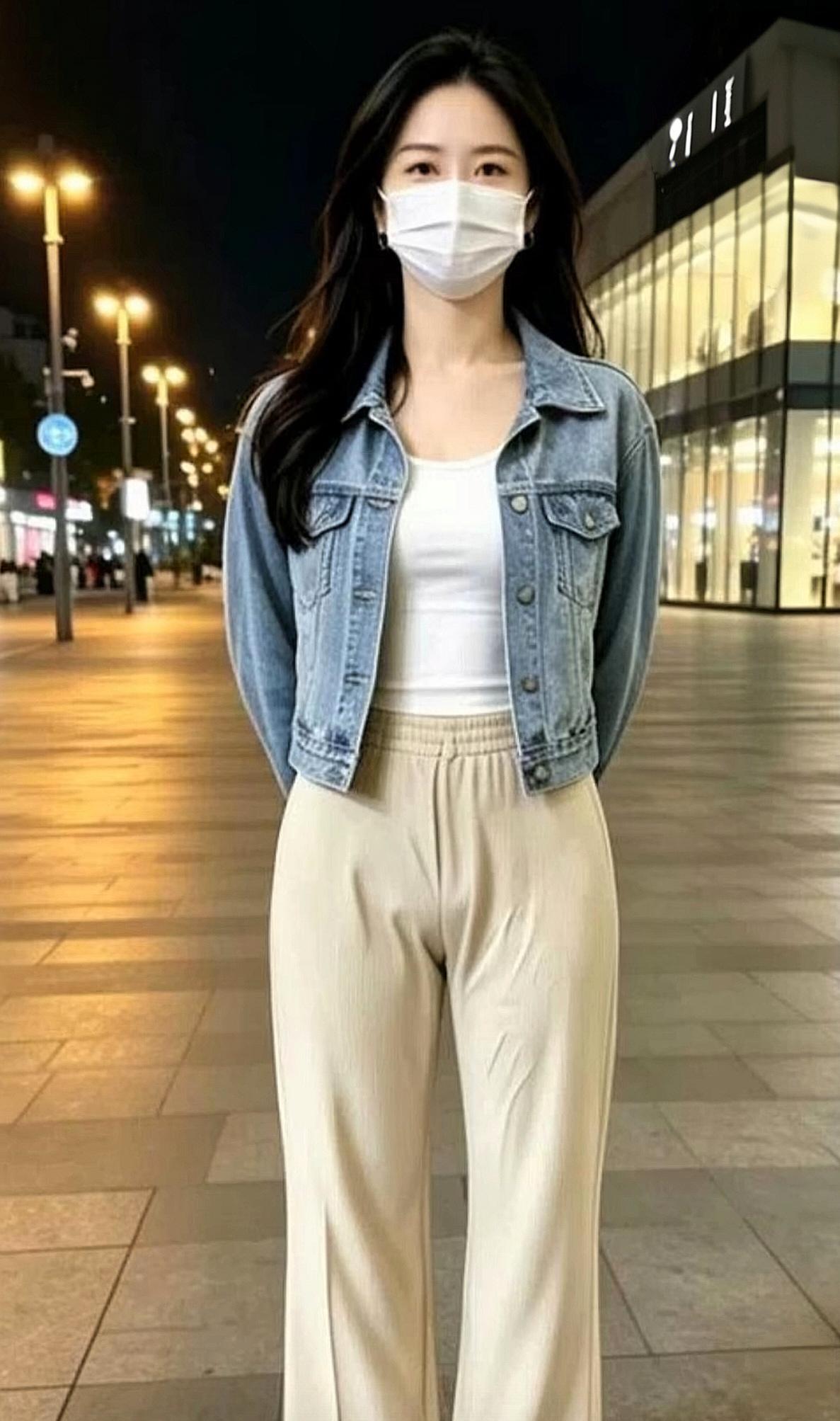 身材高挑妹子，在街灯下注视远方。