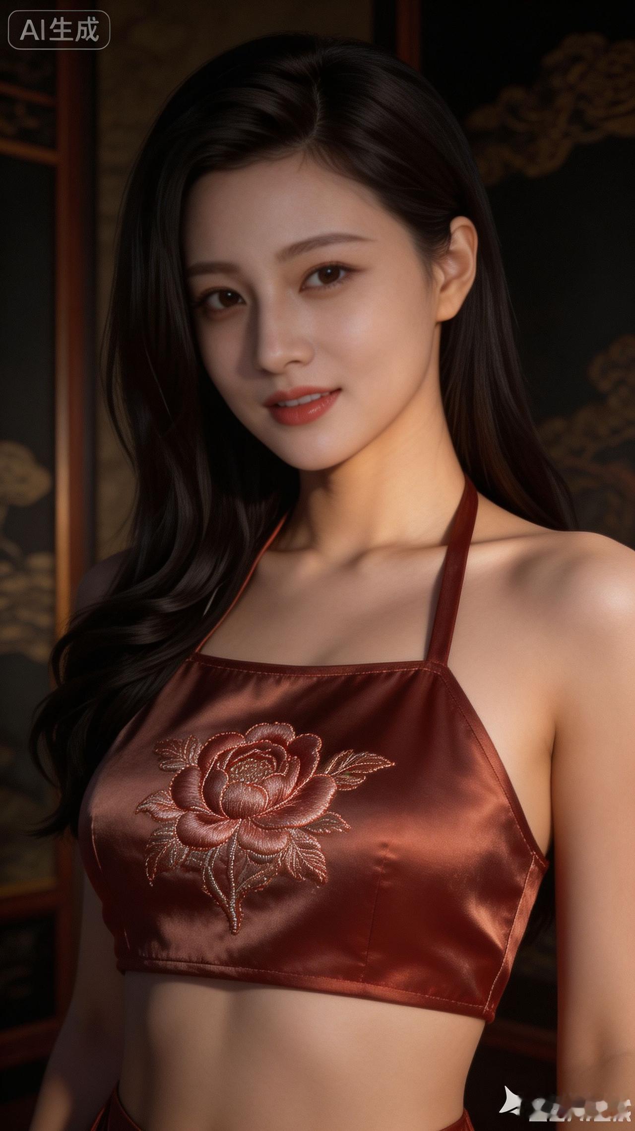 这姑娘穿着红色花上衣，真漂亮！