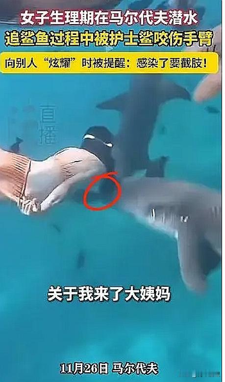 这女子是真“虎”啊。一中国女游客和朋友在马尔代夫游玩，明知自己生理期，还执意要潜