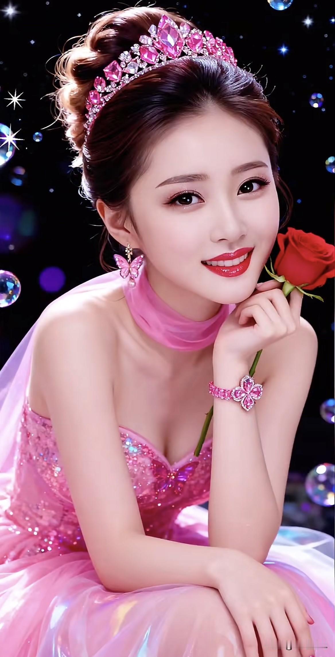 粉衣美人倚，红玫瑰相伴。粉裳花影照玫瑰红装美女玫瑰花美人照玫瑰红装美女玫