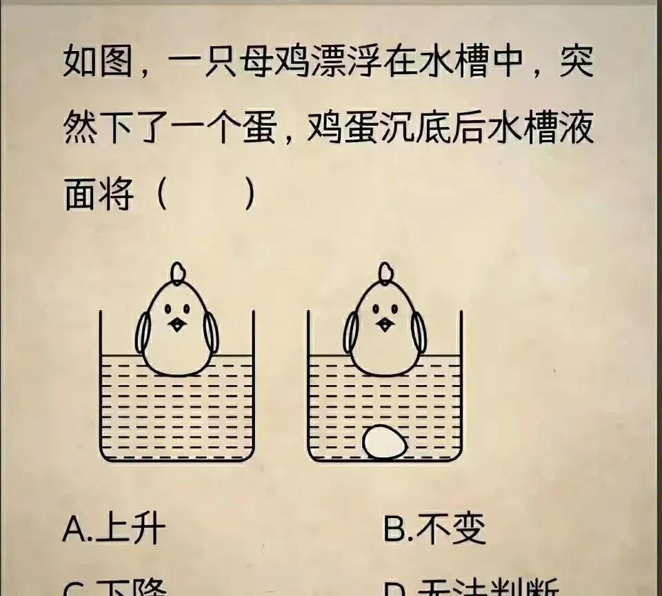 中考物理真题，你知道吗？母鸡浮在水槽里下蛋，蛋沉底后，水面会下降！这背后藏着