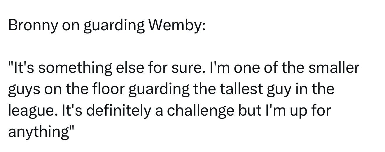 布朗尼谈防守文班亚马：“这肯定很特别。我作为场上个子最小的球员之一，去防守联盟里