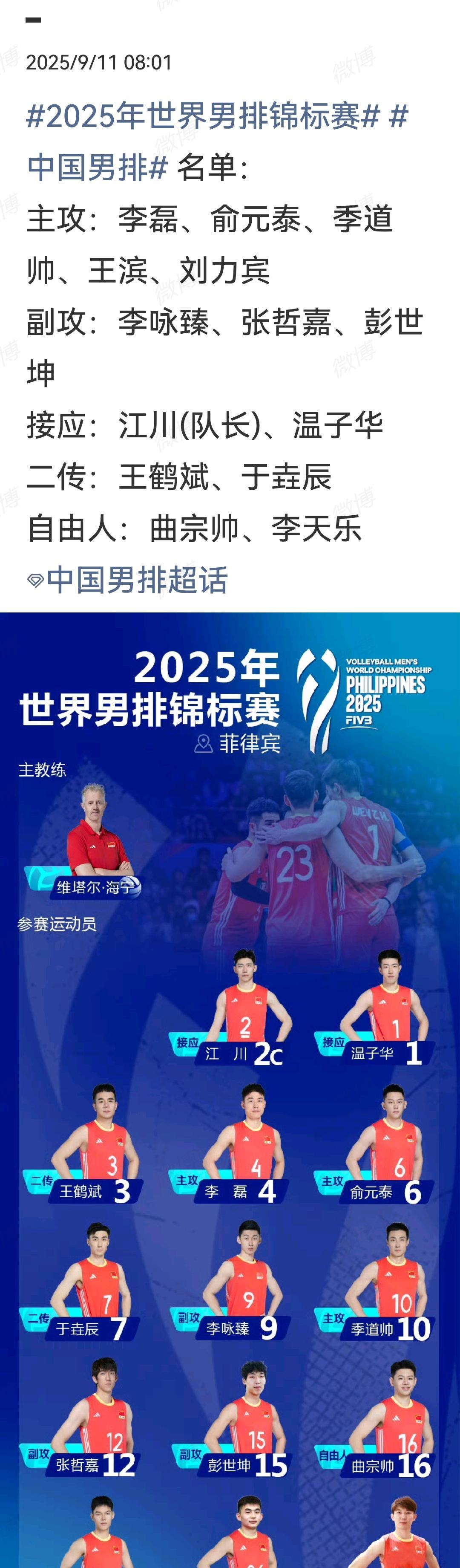 中国男排参加今年世锦赛的阵容有些不整，不知道是否有机会赢一场比赛。参加今年世锦