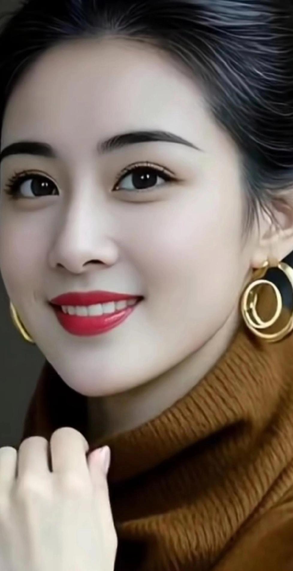 温柔微笑，金环耳环，暖棕色毛衣，甜美可人