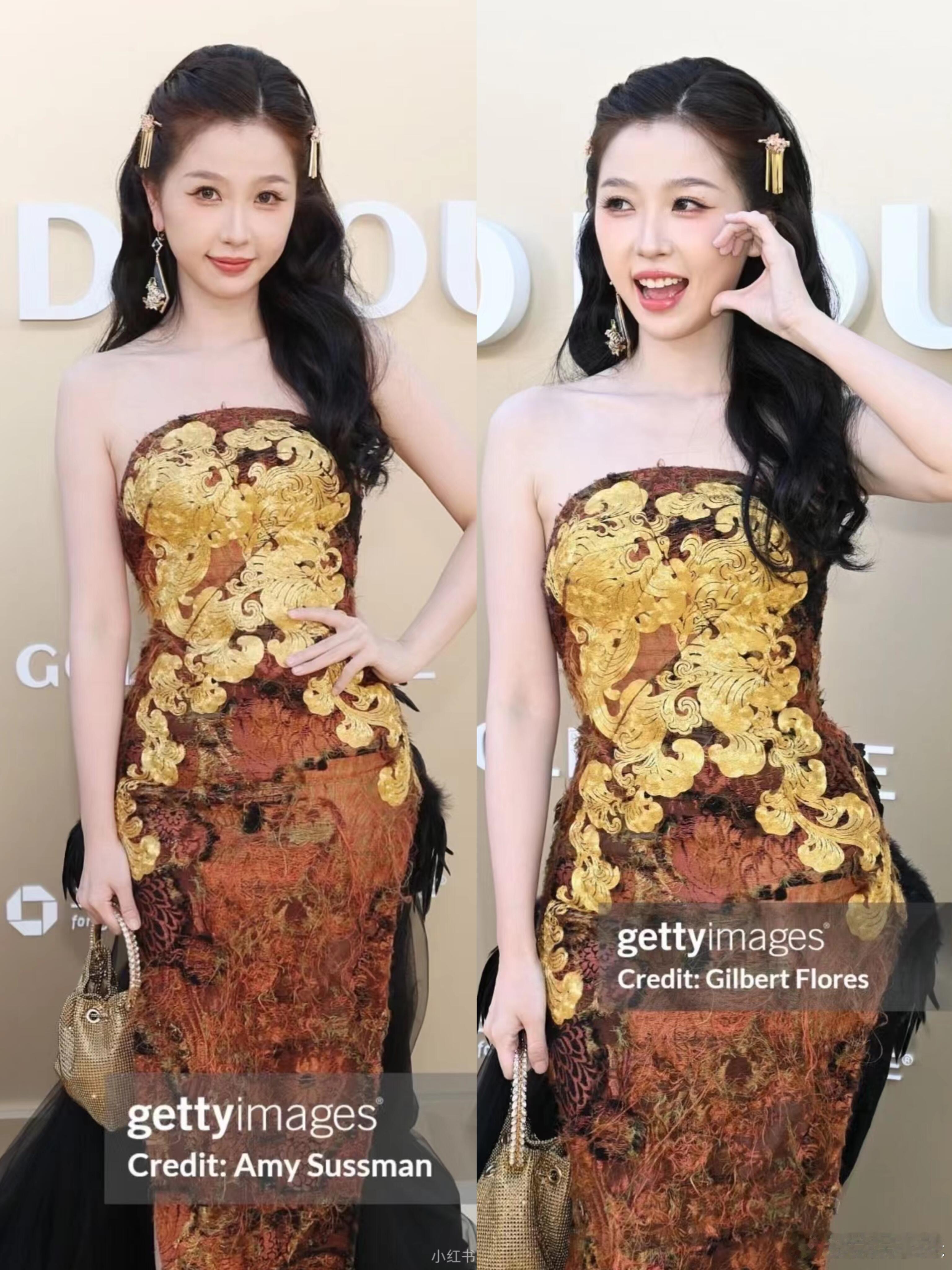虞书欣在洛杉矶GoldGala红毯穿的礼服来自中国设计师品牌LAUREN