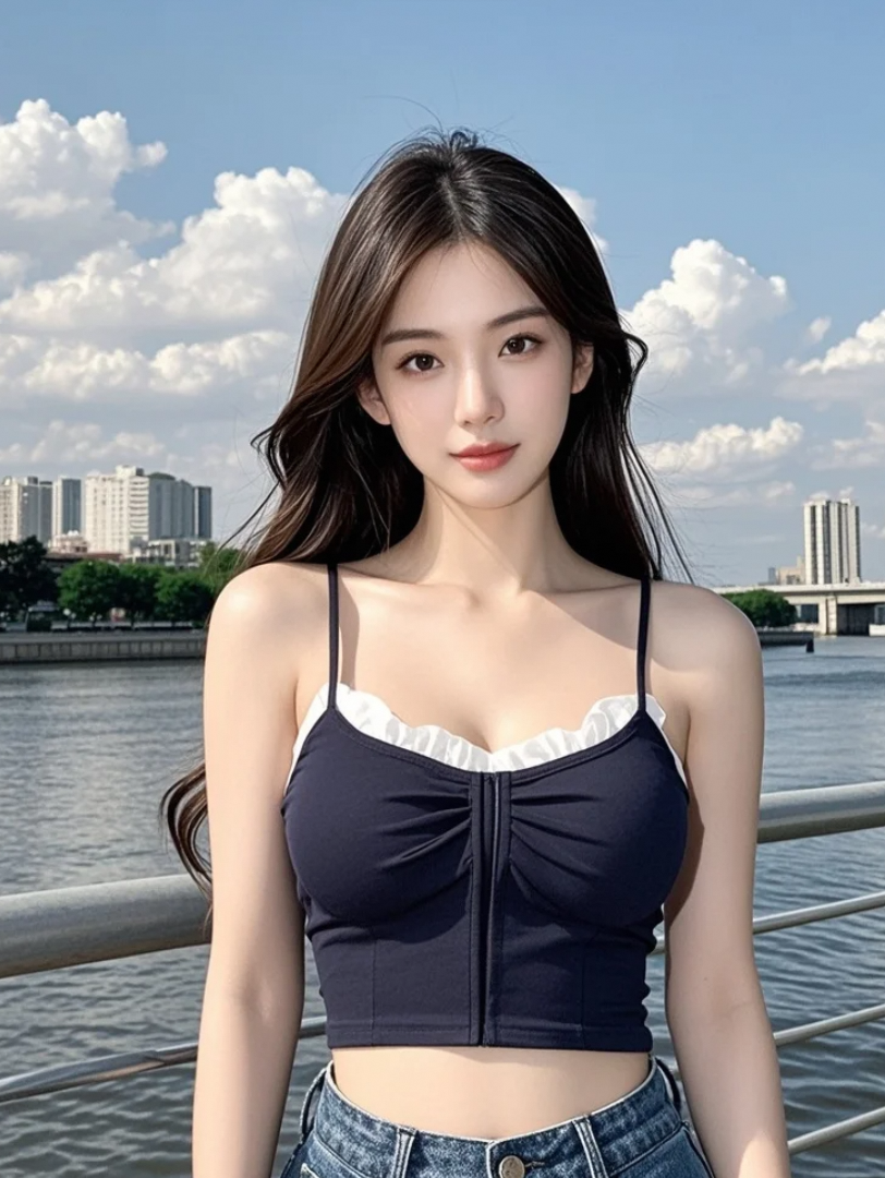 河边低头浅笑时休闲发丝撩动心弦