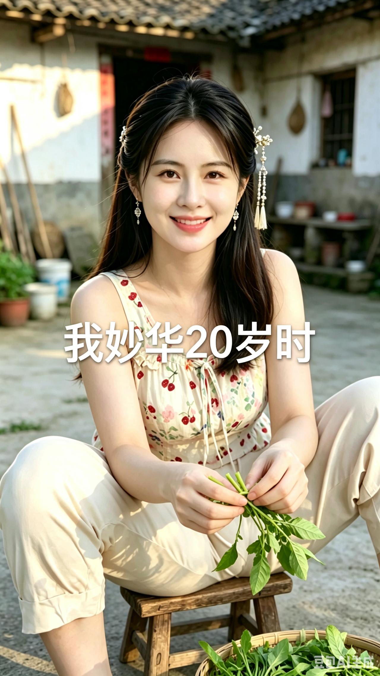 乡间妙华农家小院沐晴光，妙华芳年正二十。手捧青蔬含浅笑，田园温婉胜胭