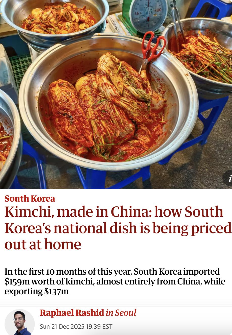 外媒：韩国泡菜在中国制造，韩国的国菜在本土被价格挤出韩国泡菜因进口中国低价产