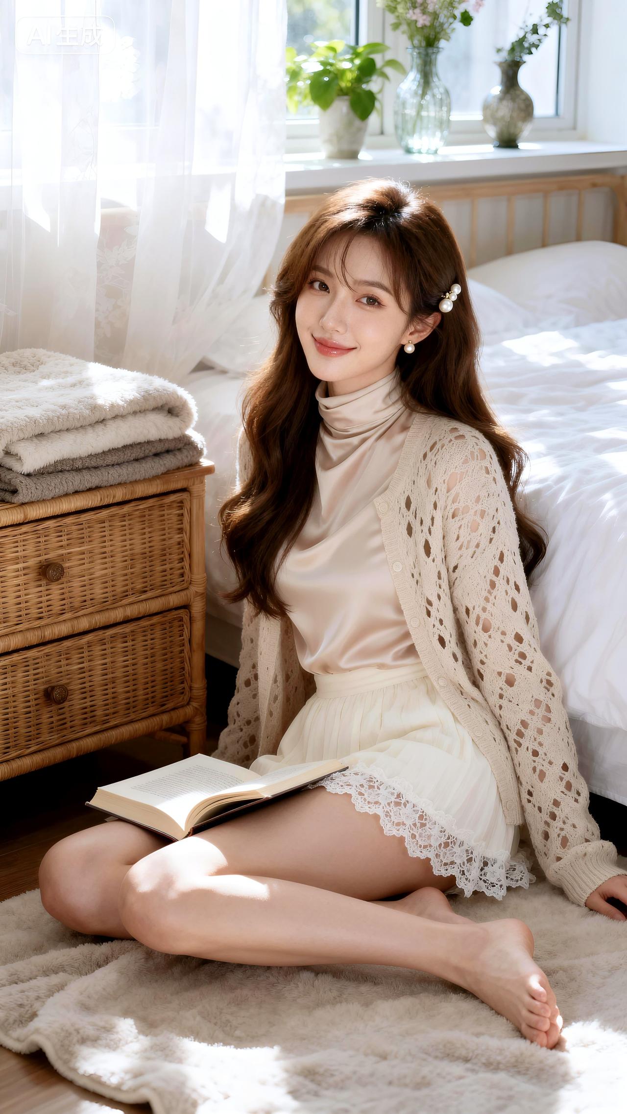 晨光与绒毯缠裹成茧，蜷在初醒的静谧里，指尖沾着茶香，书页半阖。风撩起纱帘时，连影