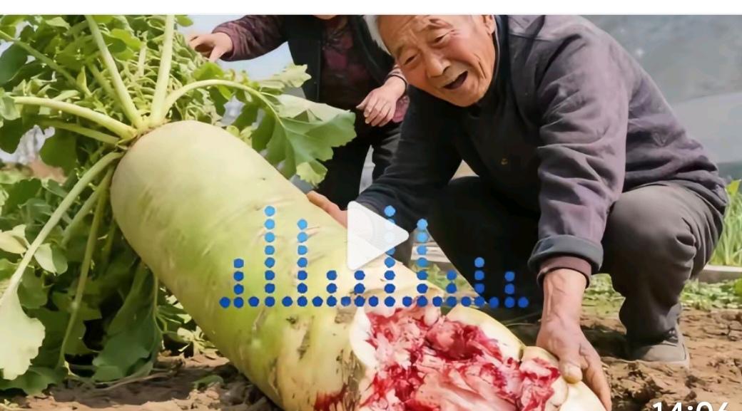 萝卜真大老汉今年七十六；务农已有五十载；今年种菜用科技；收获萝卜挺大的；