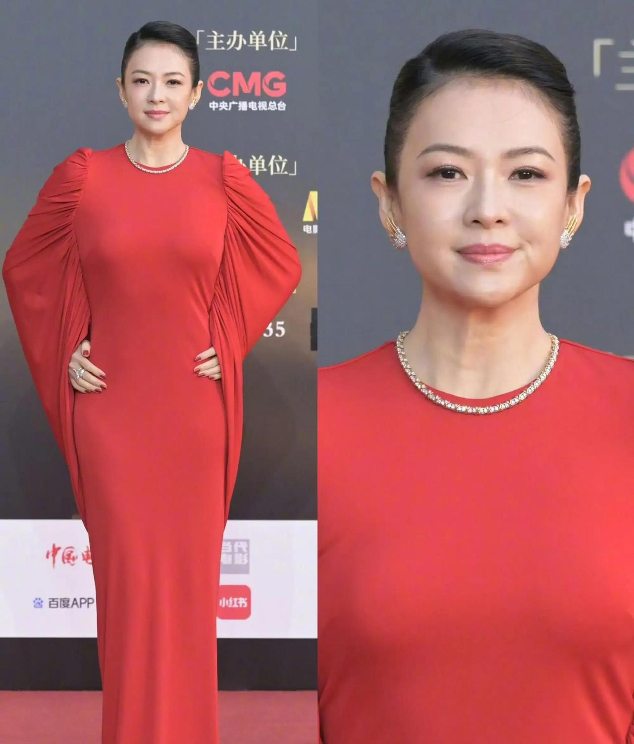 昨天北京雁栖湖，首届CMG中国电影盛典红毯上，剧情类影后直接“双黄蛋”炸场：章子