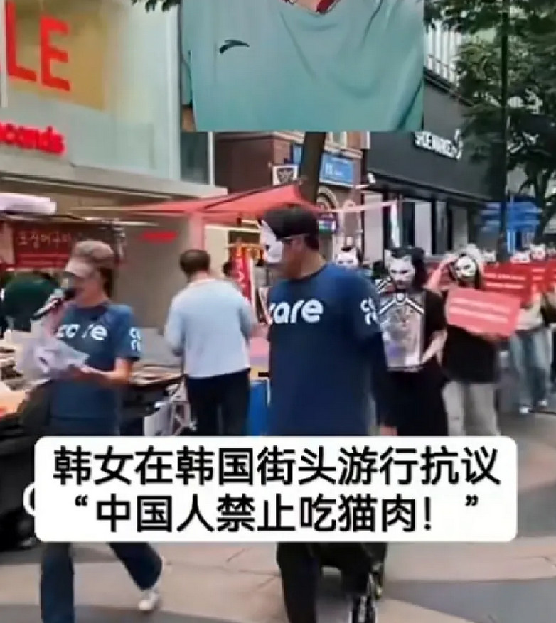 韩国又无理取闹了！街头抗议“中国人吃猫肉”！韩国现在抗议不带脑子的。街头一批
