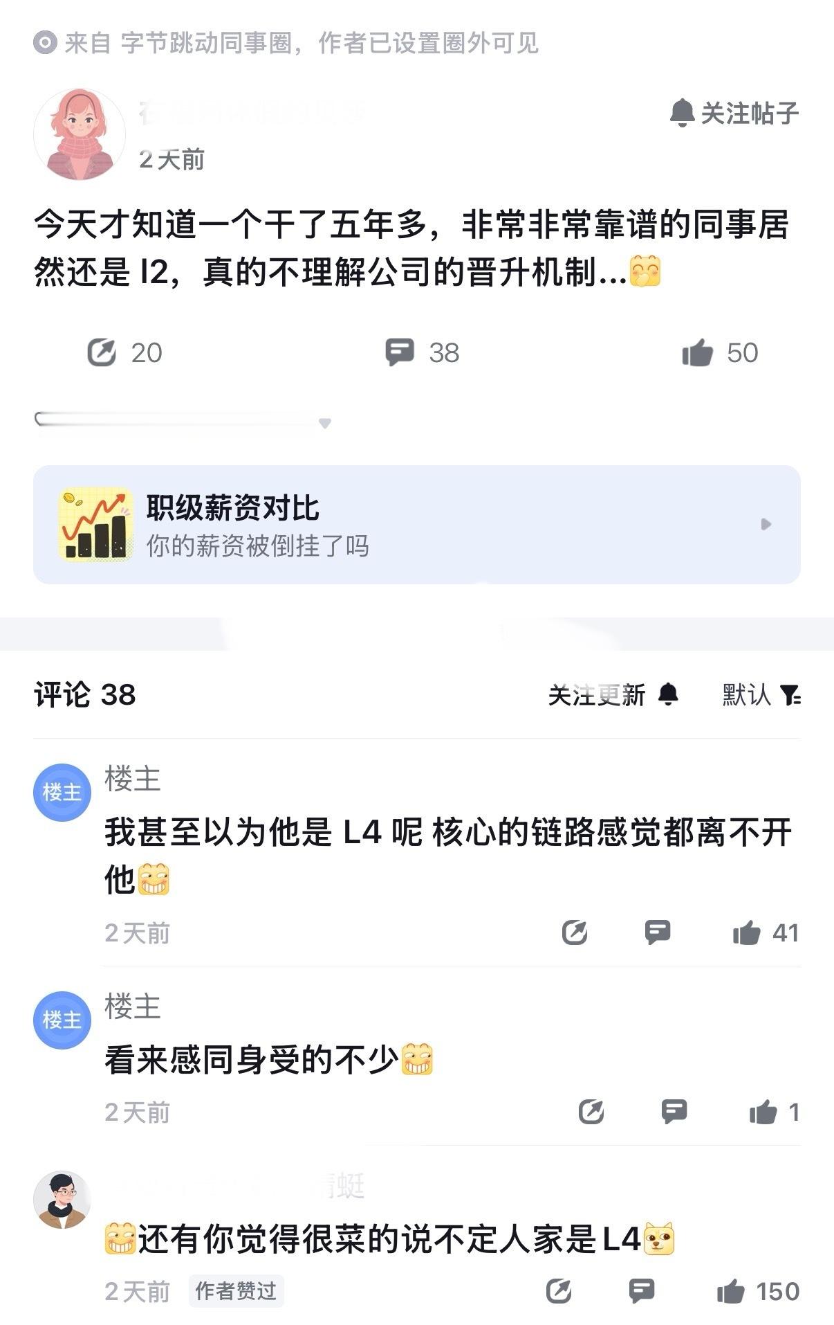 破防了？字节员工也不理解，接触到一个干了五年多，且非常靠谱的同事，职级居然还是L2。看了下厂友们的讨