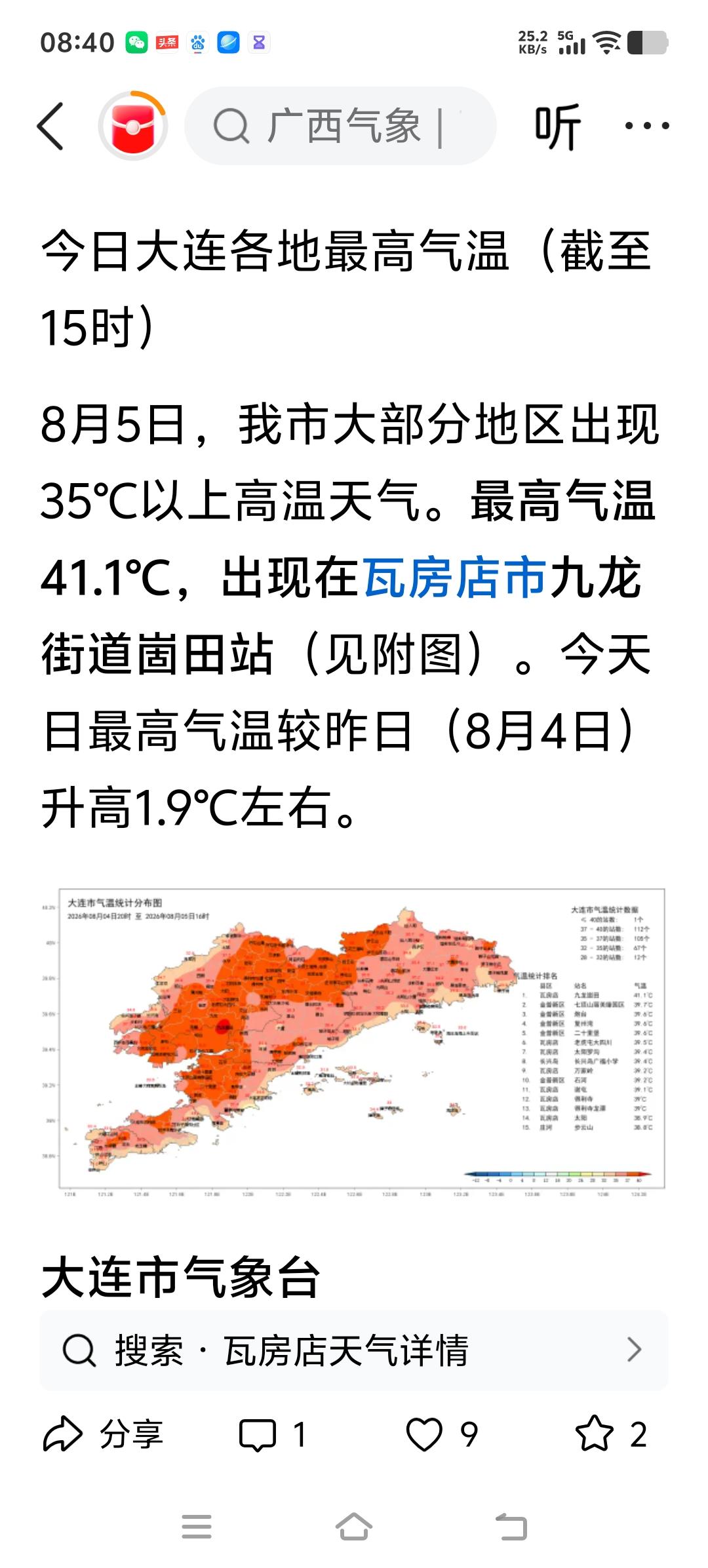 高温畅想曲大连瓦房店地区有一应该是乡镇吧！温度已经达到41.1度，