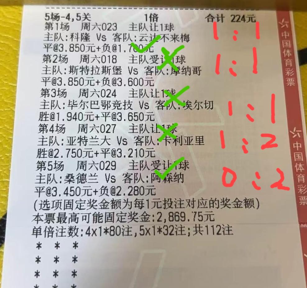 5场猜胜平负，最后中两场，算什么水平？这位大哥也是非常有“眼光”的，五场比赛选