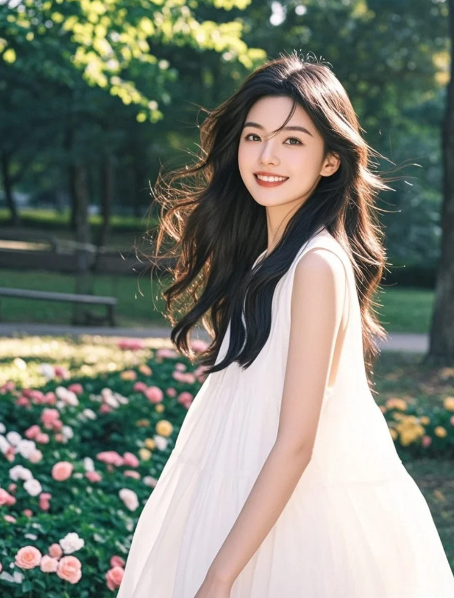 优雅的东方少女，长发飘飘，笑容温婉，意境悠长
