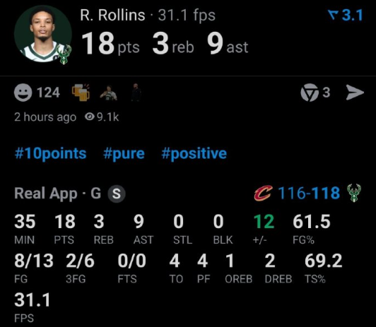 雄鹿对阵骑士关键时刻，罗林斯立大功，进攻端两次突破帮助雄鹿领先4分，随后防守端施