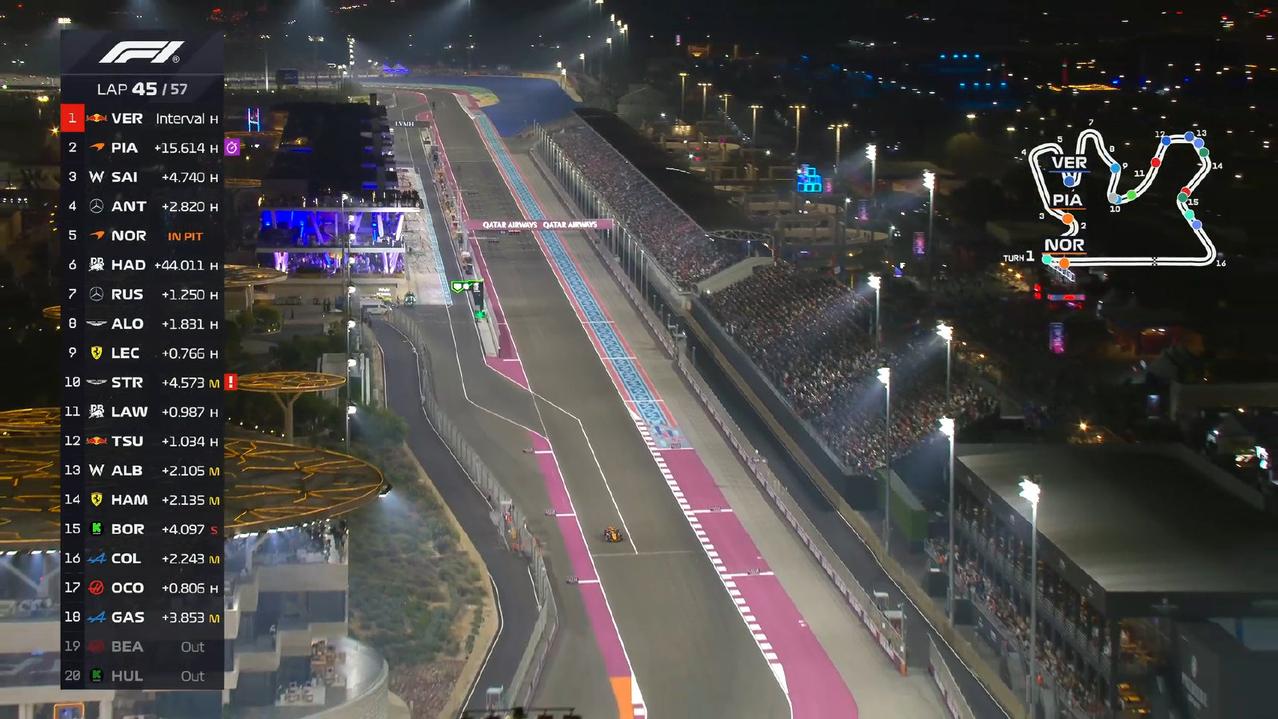 迈凯伦双雄都进站了，皮亚第二，诺里斯第五。按现在排名积分榜：维斯塔潘396皮