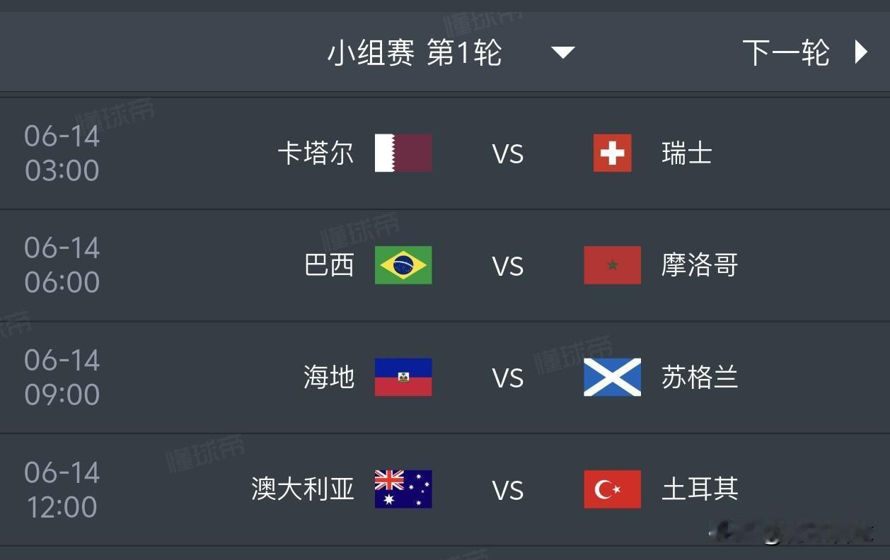 2026美加墨世界杯小组赛第1轮预测（6月14日）1，卡塔尔0比3瑞士2，巴