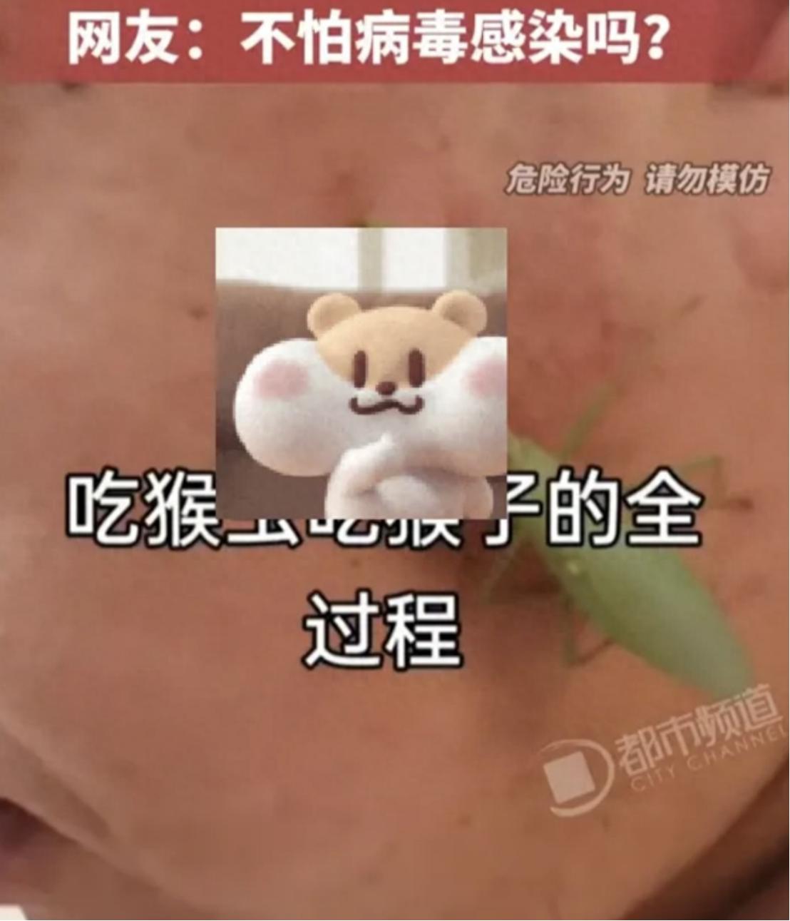 看得人头皮发麻！8月10日报道，山西一名男子为了去掉脸上的瘊子，竟然抓来一只螳螂