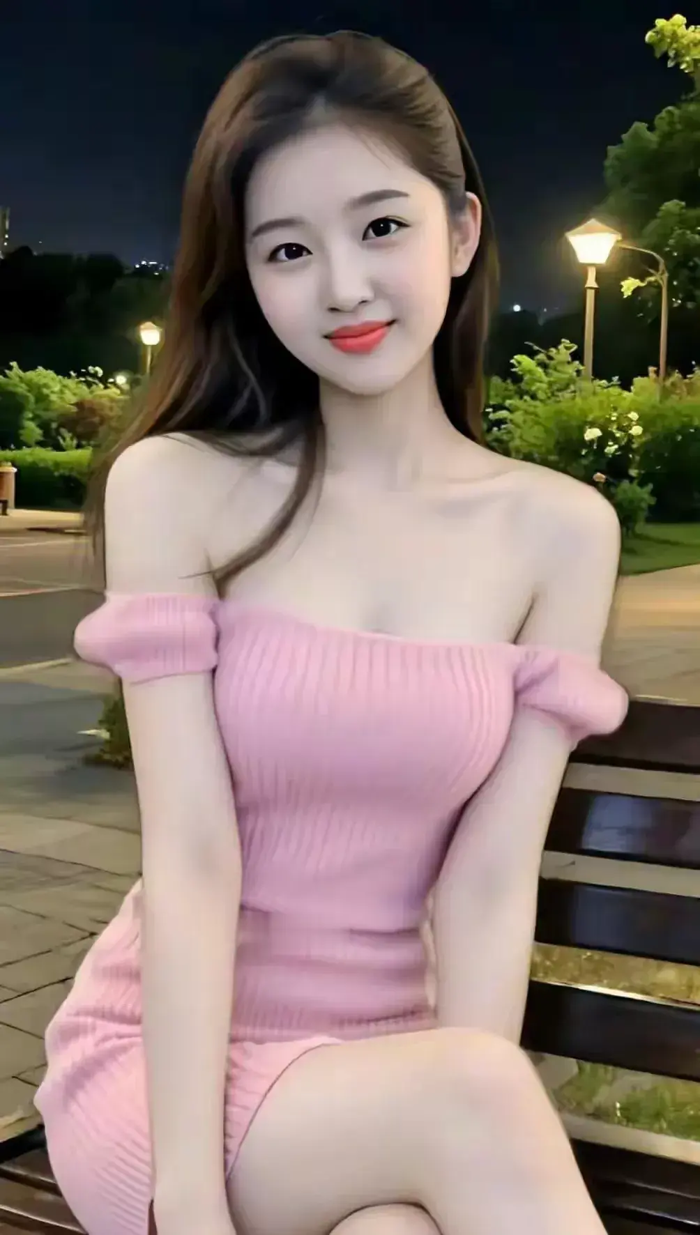 粉嫩少女夜游公园，甜美笑容俘获人心！