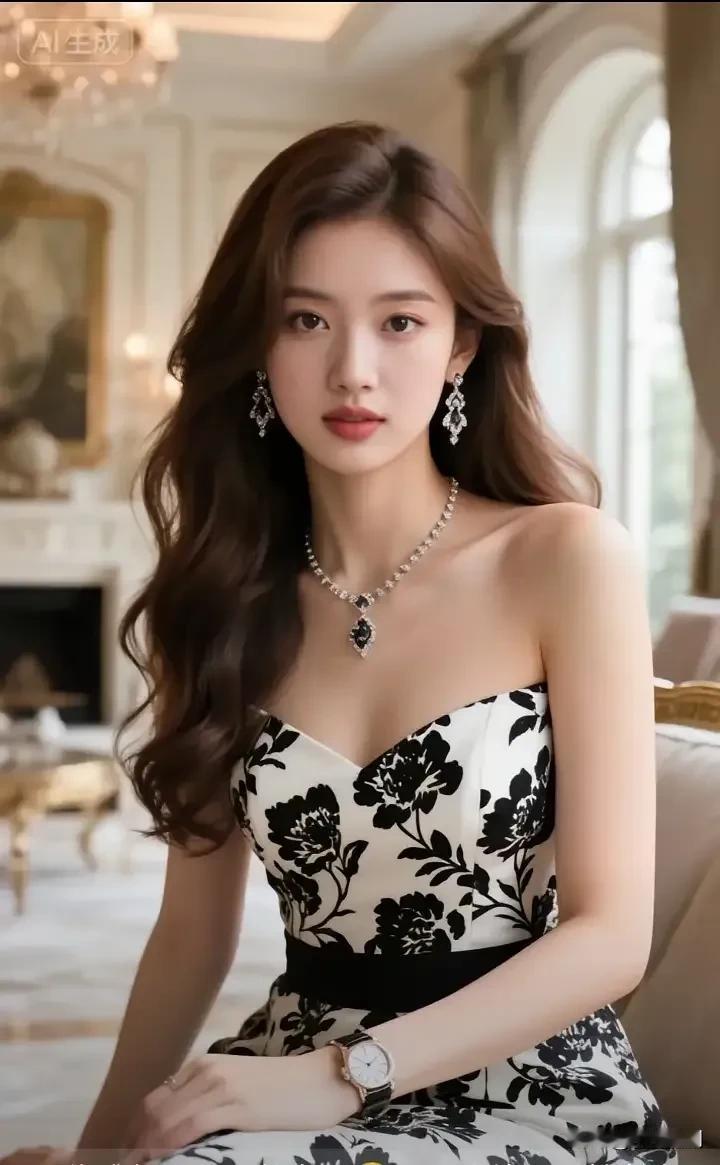 什么样的穿搭可以成为气质女神?黑花白裙裹着典雅，钻饰颈链衬着贵气，鎏金厅光里的