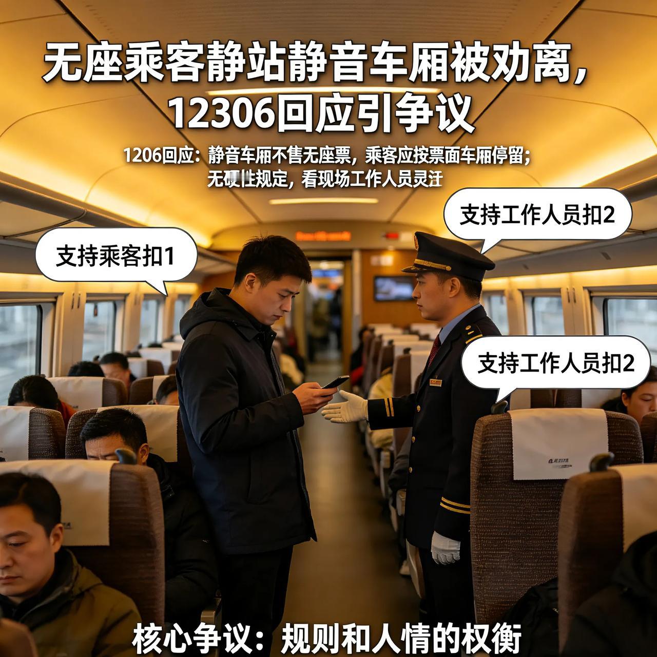 到底谁错了？无座乘客静站静音车厢被劝离，12306回应引争议，支持乘客扣1支持工